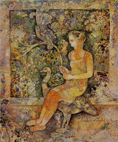 Art Intaglio: Offset on paper: Sakti Burman: Maya playing with bird