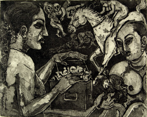 Nude woman in original print by Indian Artist S.K.Sarkar