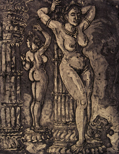 Nude woman in original print by Indian Artist S.K.Sarkar