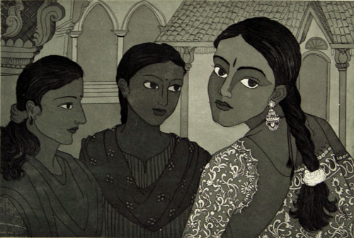 Open edition etching of narrative women by Indian Artist Udaya Laxmi