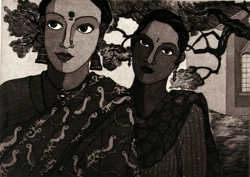 Open edition intaglio print of narrative women by Indian Artist Udaya Laxmi