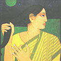 Serigraph of a woman in narrative style by modern Indian Artist Lalu Prasad Shaw